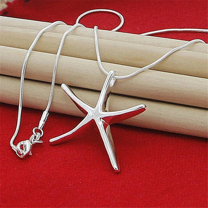 925 Sterling Silver Star & Starfish Charm Necklace — 40–75cm Length, Fashion Jewelry for Women, Ladies, Wedding & Party