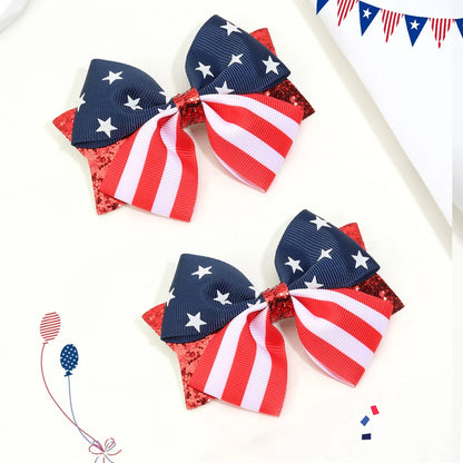 2pcs USA Flag Bow Hair Clips - Red White Blue Patriotic Ribbon Barrettes for 4th of July Party Accessories