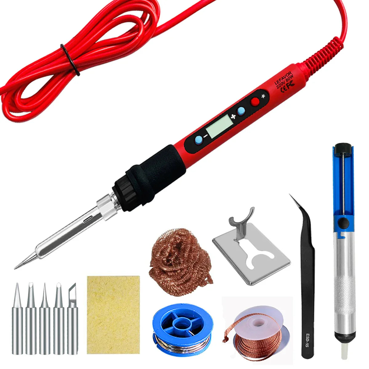 80W Soldering Iron Kit – Adjustable Temperature with LCD, Ceramic Heater, Soldering Tips & Tweezers