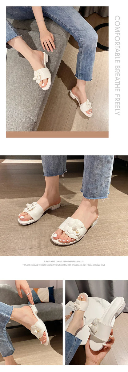 Luxury Women’s Flower Slippers — Camellia Open-Toe Slides for Home & Outdoor, Ladies Flip Flop Sandals