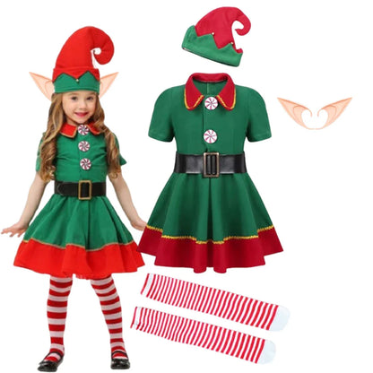 Kids Christmas Elf Costume Set – Green Santa Helper Outfit with Hat for Boys & Girls Holiday Party & Performance Wear