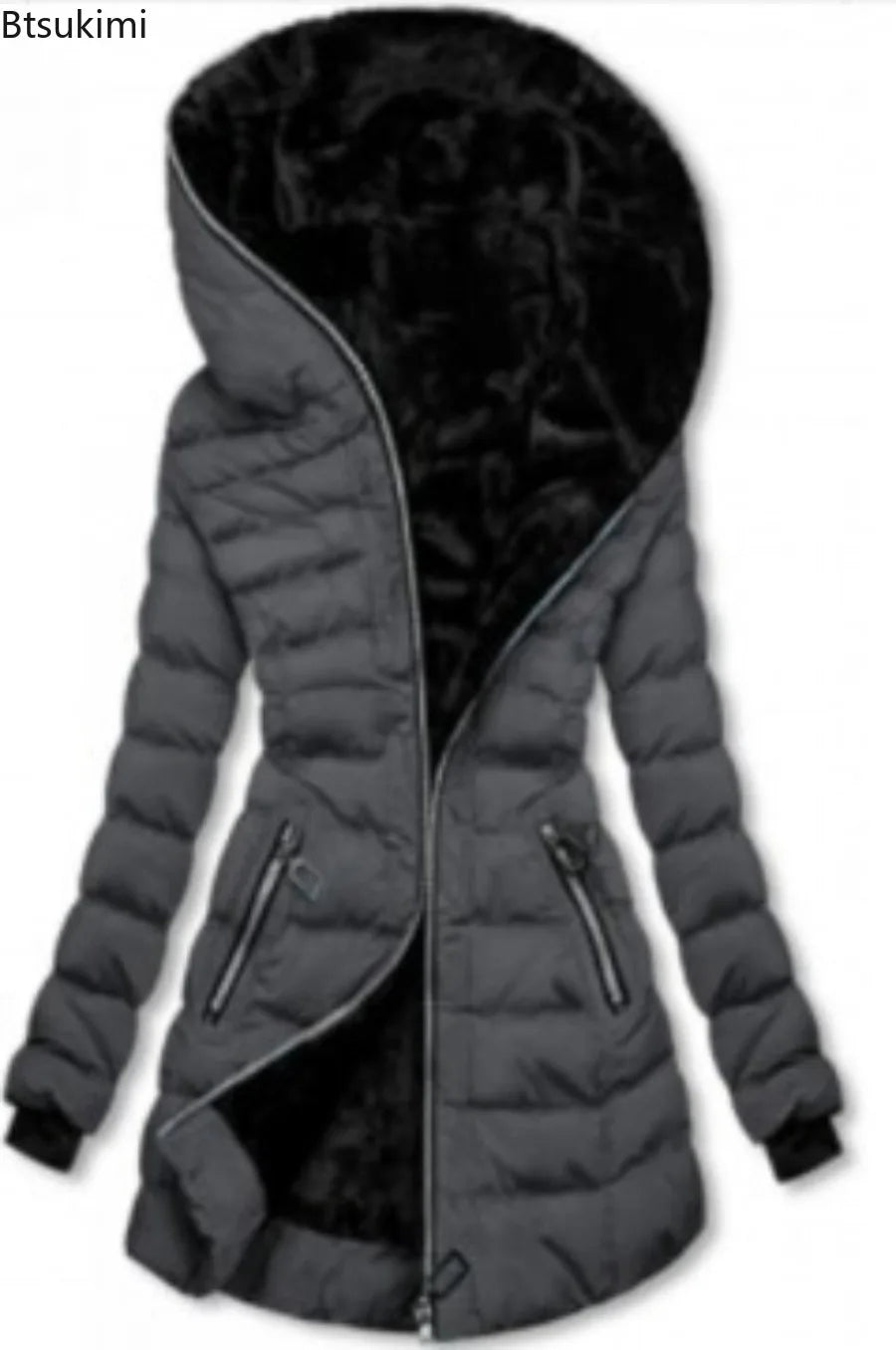 2025 Women’s Winter Parka – Hooded Solid Zipper Midi Coat with Pockets, Slim Fit Long Sleeve Warm Casual Jacket