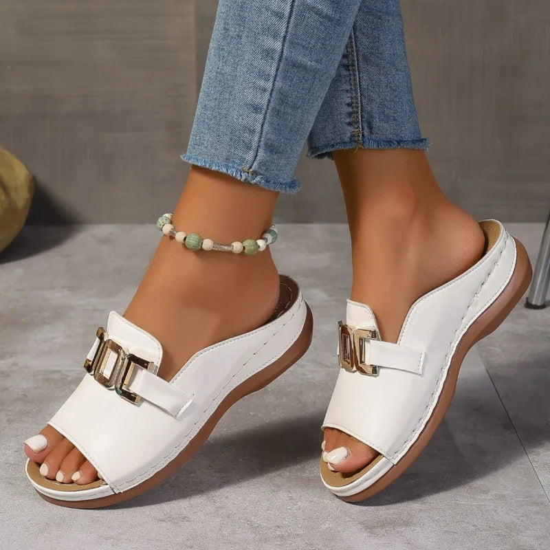 Women’s Thick Sole Fashion Sandals – Casual Summer Fish Mouth Slippers with Metal Buckle, Plus Size Comfort Slides