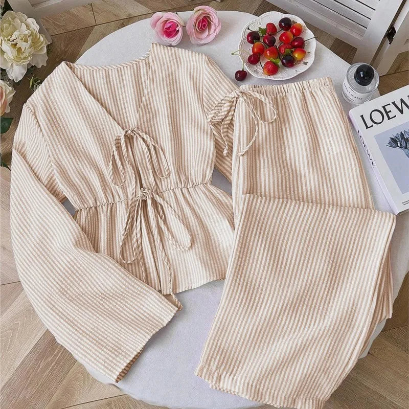 Striped Lace-Up Women’s 2-Piece Matching Set – Casual Office Commuting Outfit, Simple All-Match Two-Piece Set