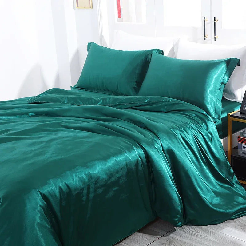 Silk Bedding Set With Duvet Cover - Luxury Satin Bed Sheet Pillowcase Set Solid Color King Queen Twin Size
