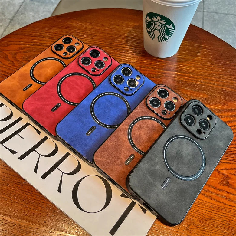 Luxury Matte Leather MagSafe Case for iPhone 15, 14 Plus, 13, 12, 11 Pro Max, X, XS, XR | Shockproof Magnetic Wireless Charging Cover