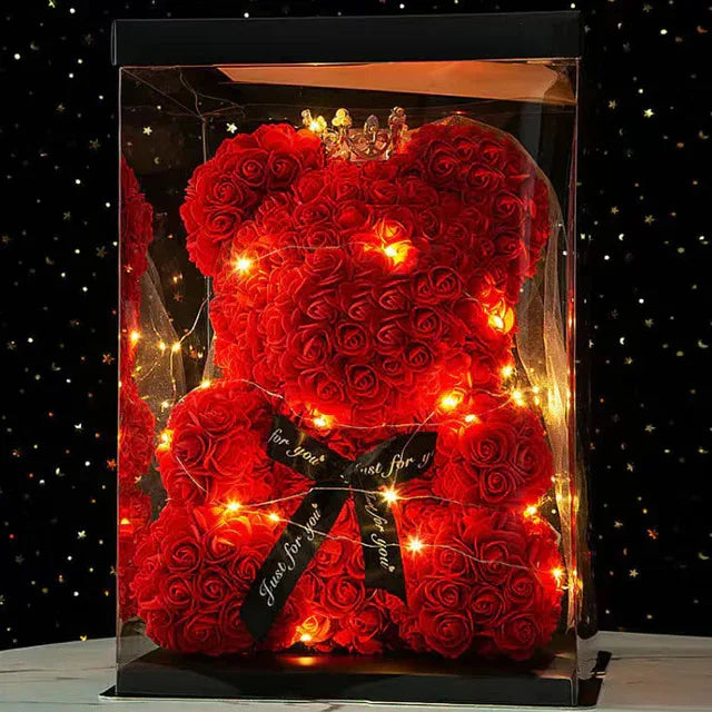 25cm Teddy Bear with Artificial Roses in Box – Romantic Valentine’s Day & Anniversary Gift for Women