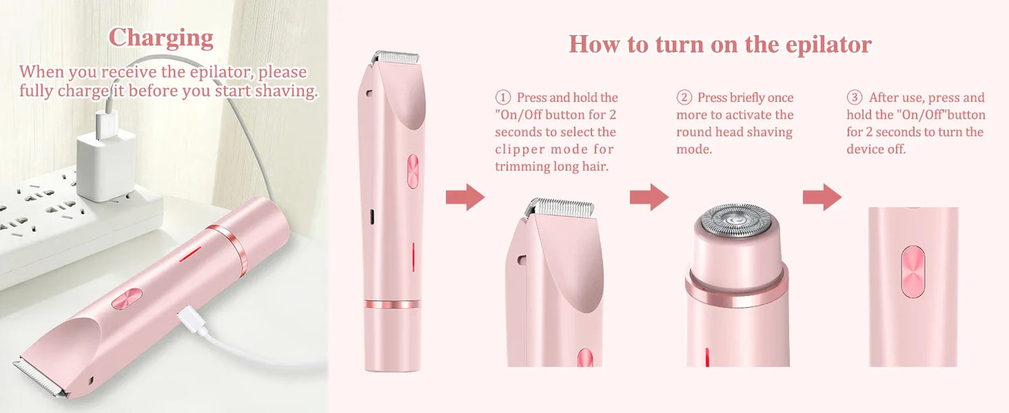 2-in-1 Dual-Head Electric Razor for Women – Painless Bikini Trimmer Wet & Dry Use with Detachable Heads