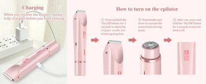 2-in-1 Dual-Head Electric Razor for Women – Painless Bikini Trimmer Wet & Dry Use with Detachable Heads