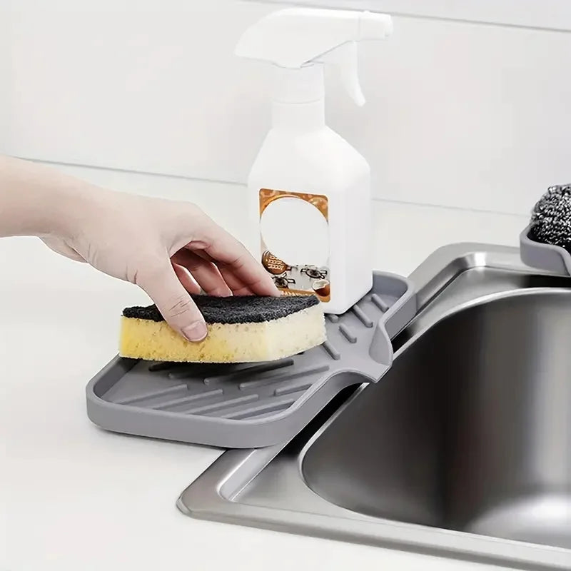 Sink Silicone Tray with Drain – Soap & Sponge Holder, Countertop Scrubber Brush Storage Rack, Kitchen Organizer