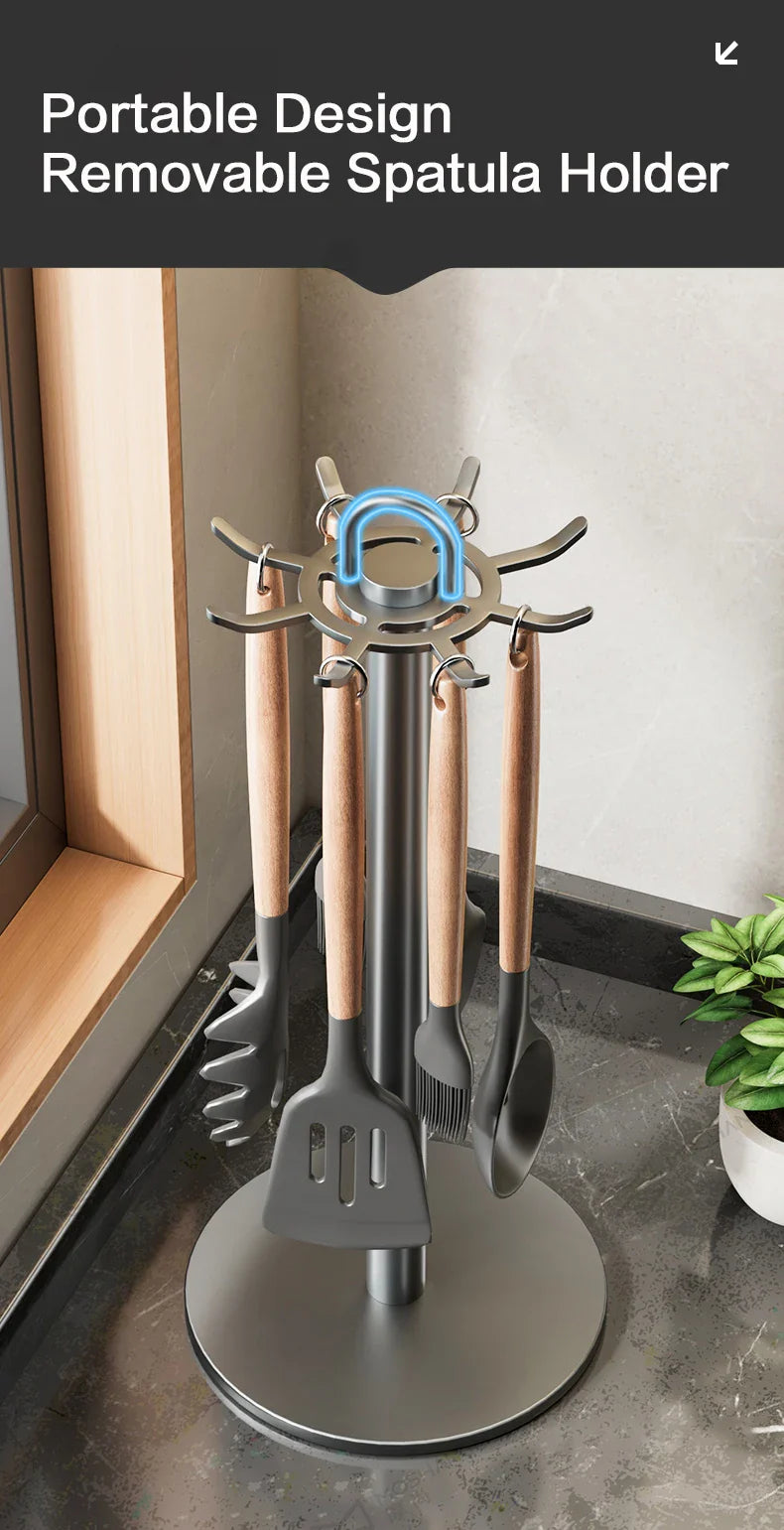Rotating Kitchen Utensil Stand — 8-Hook Countertop Organizer for Cooking Tools