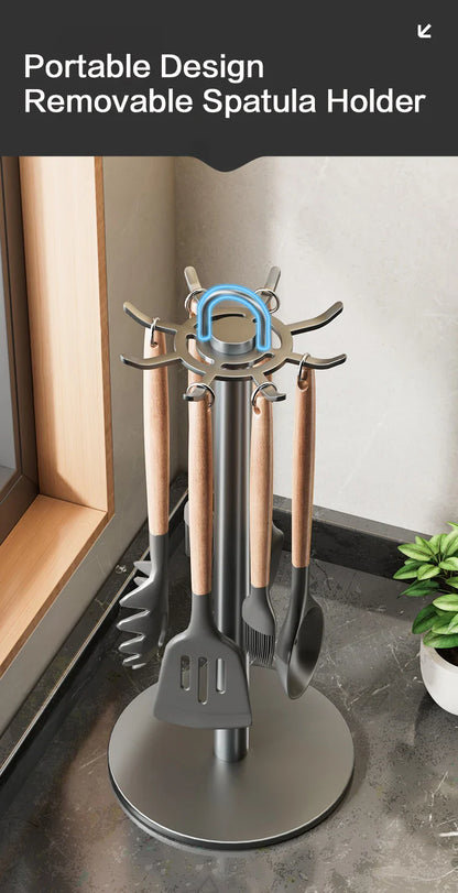 Rotating Kitchen Utensil Stand — 8-Hook Countertop Organizer for Cooking Tools