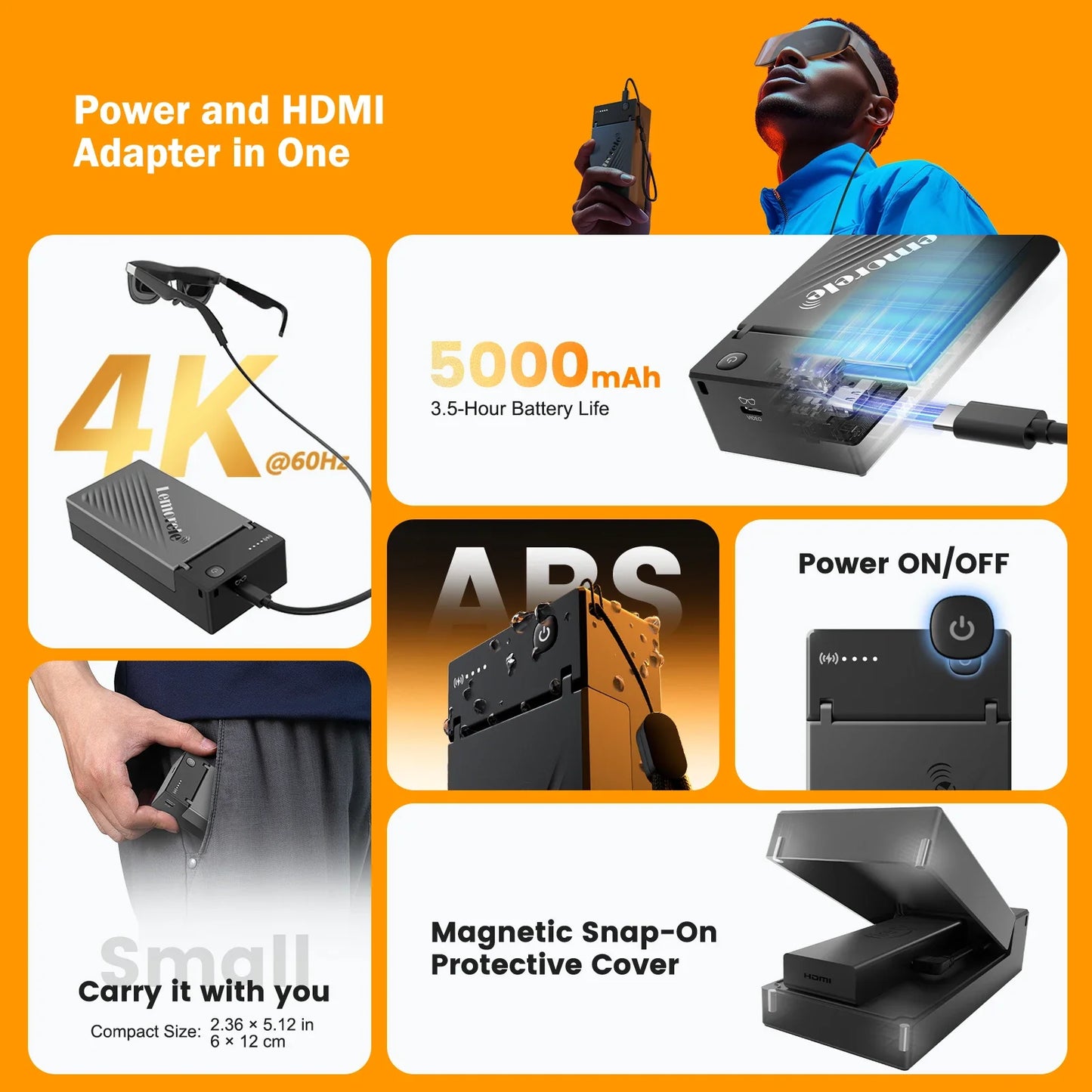 Lemorele 4K AR Glasses Adapter – HDMI to Type-C Video & Charging Converter with Battery for Xreal TV Stick