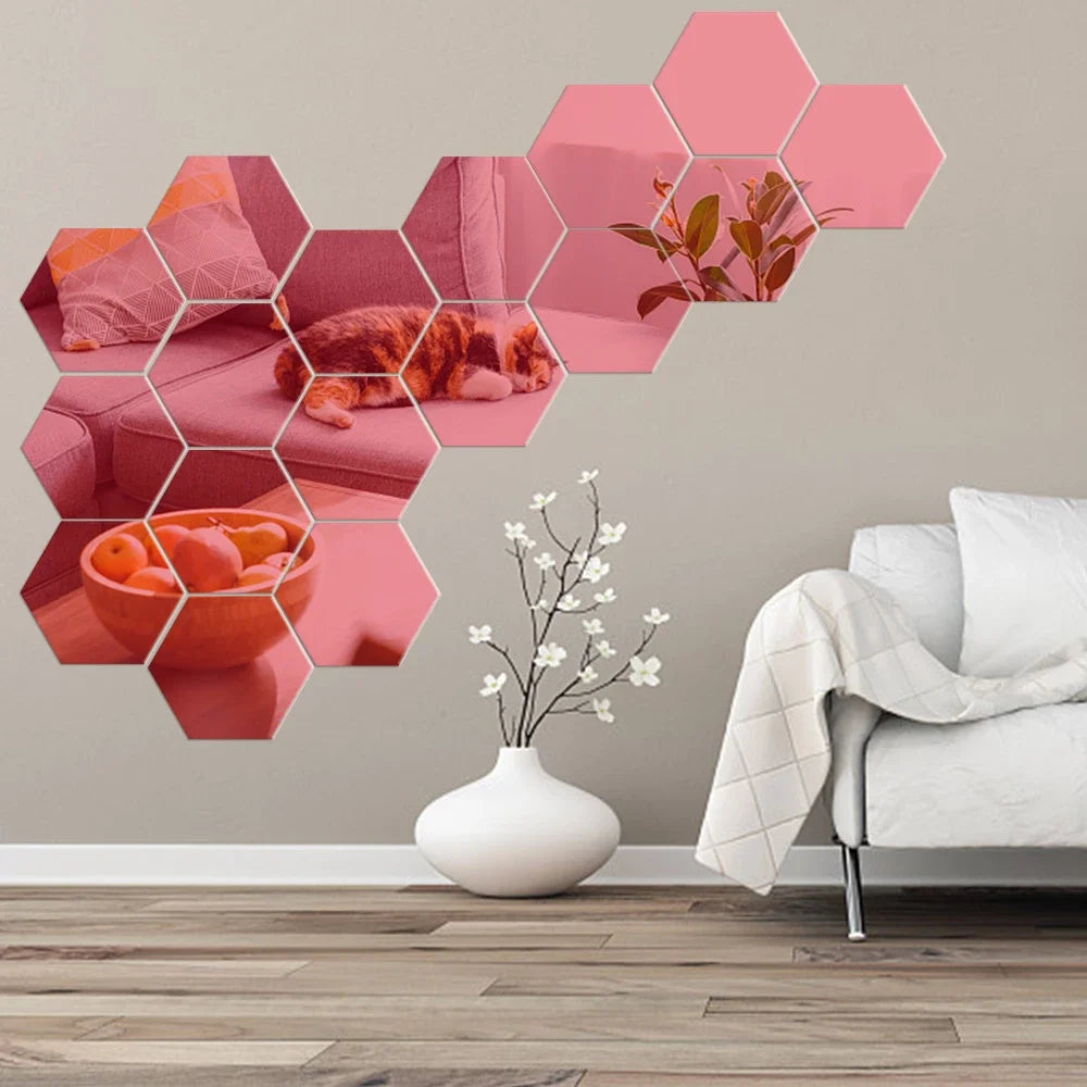 6/12pcs 3D Hexagon Rose Gold Mirror Wall Stickers – DIY Living Room, Bedroom, Bathroom Wall Decor