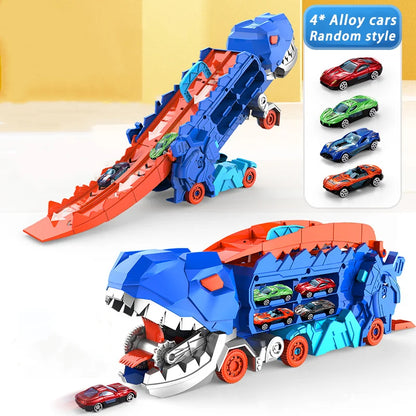 Dinosaur Transporter Truck Toy – Foldable Track with Alloy Car and Transforming Dinosaur | Gift for Toddler Boys