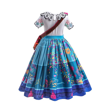 Girls Encanto Princess Costume Dress - Mirabel Printed Flared Halloween Cosplay Outfit for Kids 3-12Y