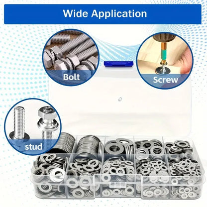 400Pcs Flat Washer Gasket Set – M2 to M12 Assorted Anti-Slip Sealing Washers Combo Kit in Storage Box for DIY & Repair Use