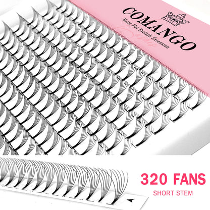 CoMango Wispy Premade Volume Lash Fans – 3-10D Individual Short Stem Faux Mink Russian Eyelash Extensions, 320 Fans