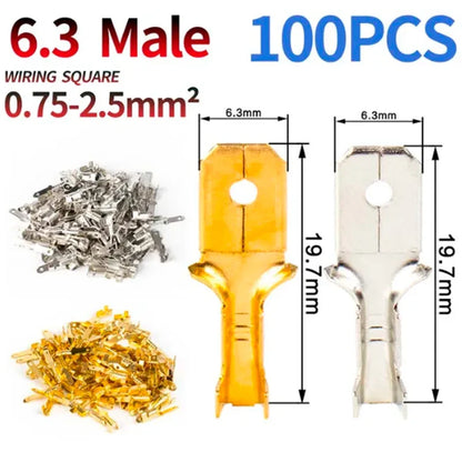 100PCS 2.8/4.8/6.3mm Male & Female Crimp Terminal Connectors – Gold & Silver Wire Connectors for Car & Electronics