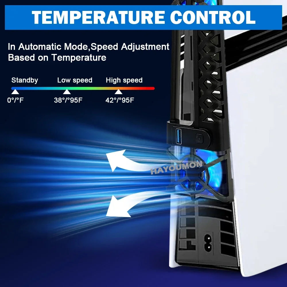 PS5 Slim / Pro Cooling Fan Stand with LED Lights – 3-Level USB 3.0 Hub Cooling System with Dust Cover Net for PS5 Console
