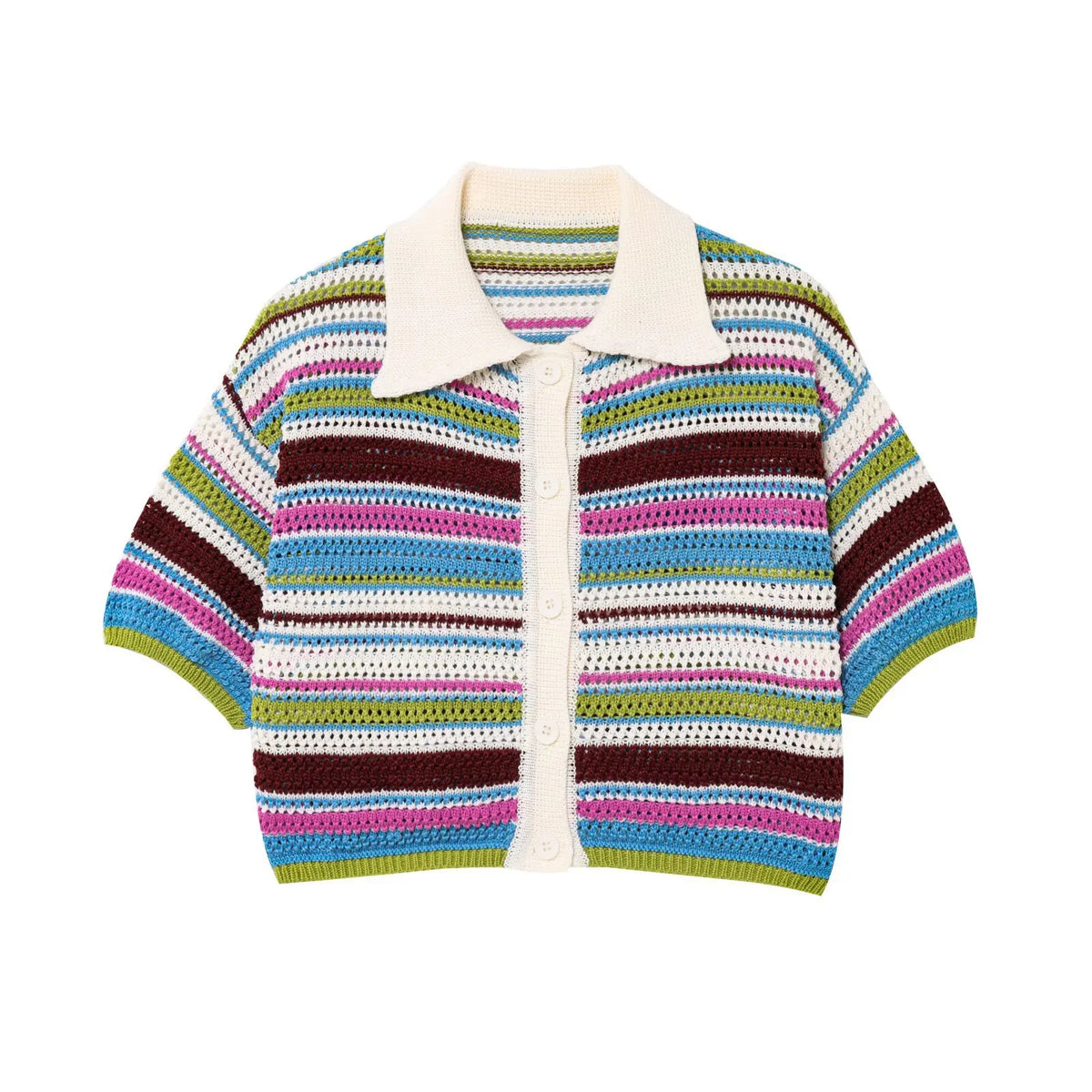 Women Y2K Patchwork Striped Crochet Knit Crop Sweater & Shorts Set – Hollow Out Short Sleeve Polo Collar Outfit