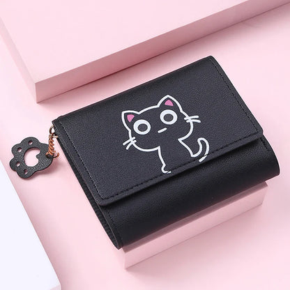 Women’s Cute Cat PU Leather Wallet — Small Short Card Holder Purse with Hasp, Fashion Money Bag for Girls & Gifts