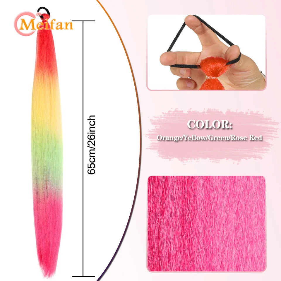 MEIFAN Synthetic Color Braid Ponytail Extension – Red, Green, Blue, Pink, Straight Hair Wrap Around with Elastic Tie