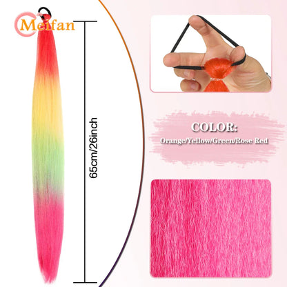 MEIFAN Synthetic Color Braid Ponytail Extension – Red, Green, Blue, Pink, Straight Hair Wrap Around with Elastic Tie