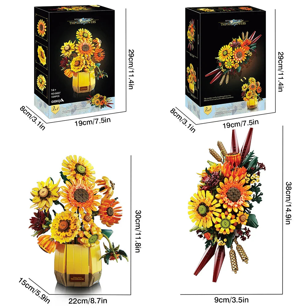 1328PCS Sunflower Building Blocks Set – Creative Flower Bouquet Vase Model for Home Decor & Kids Gifts