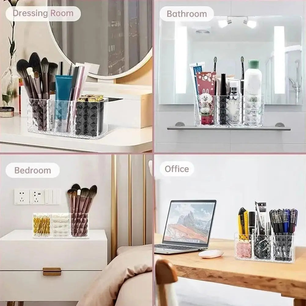 3-Slot Acrylic Makeup Organizer - Transparent Cosmetic Brush, Lipstick & Pencil Holder