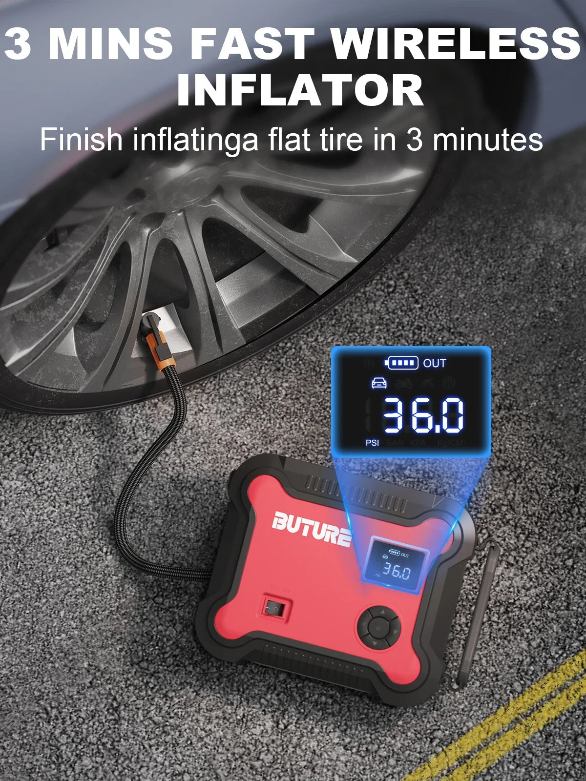 Buture 5-in-1 Car Jump Starter - 26800mAh Portable Battery Booster with Air Compressor & Tire Inflator