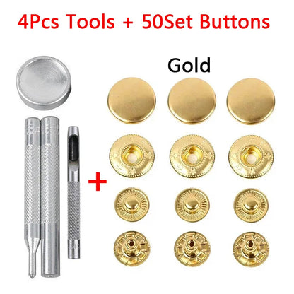 50 Sets Leather Snap Fasteners Kit – 10mm/12mm/15mm Metal Press Studs with 4 Tools for DIY Clothes & Crafts