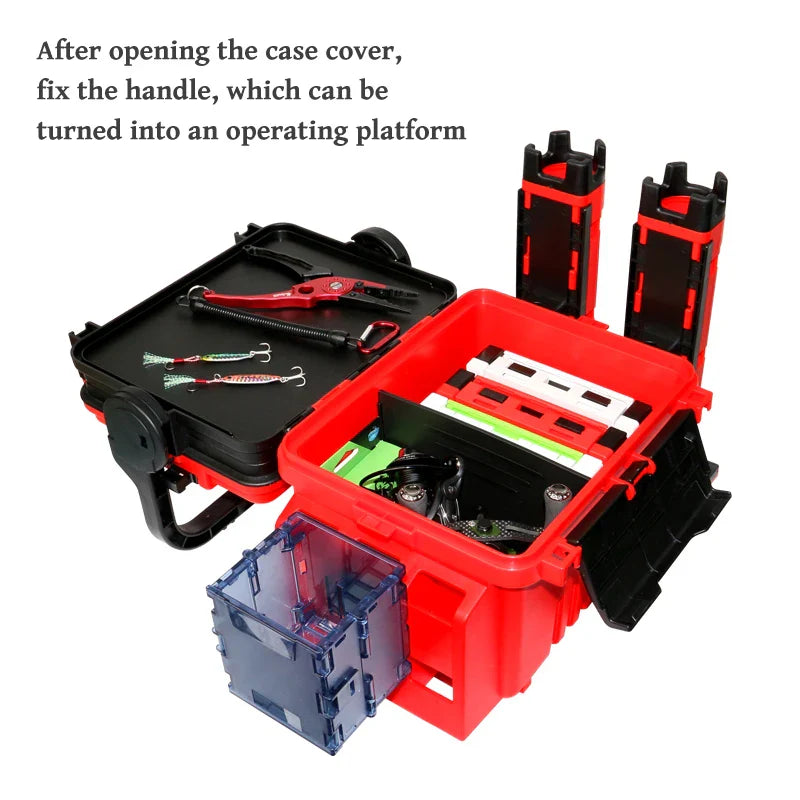 ILURE Multifunction Fishing Tackle Box – Big Storage Tool Box with Rod & Cup Holders for Fishing Accessories