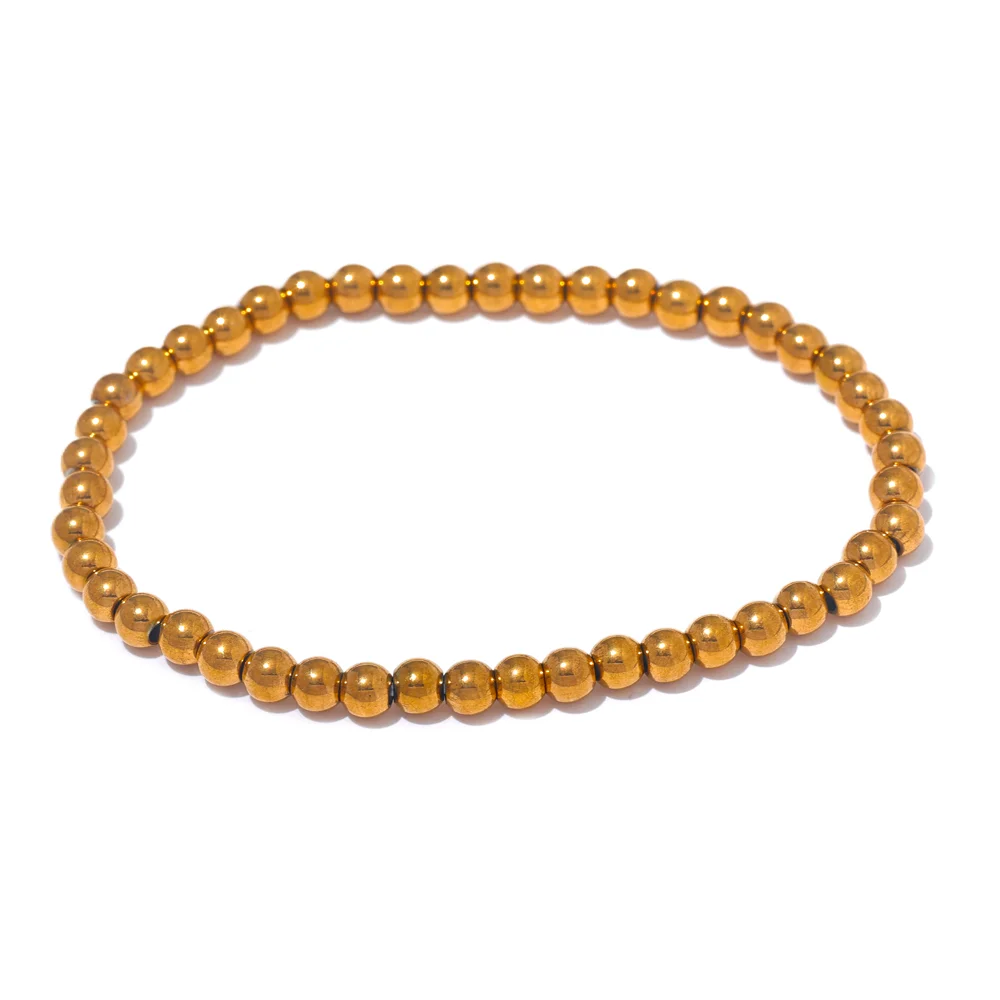 Yhpup Stainless Steel Beaded Elastic Bracelet – Waterproof Gold Tone Handmade Bangle, 3–6mm Unisex Daily Jewelry Wholesale Wristwear
