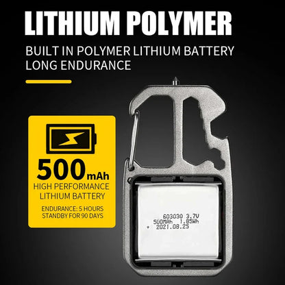 Mini LED Keychain Work Light - Portable Pocket Flashlight USB Rechargeable Camping Lamp with Window Hammer, Bottle Opener