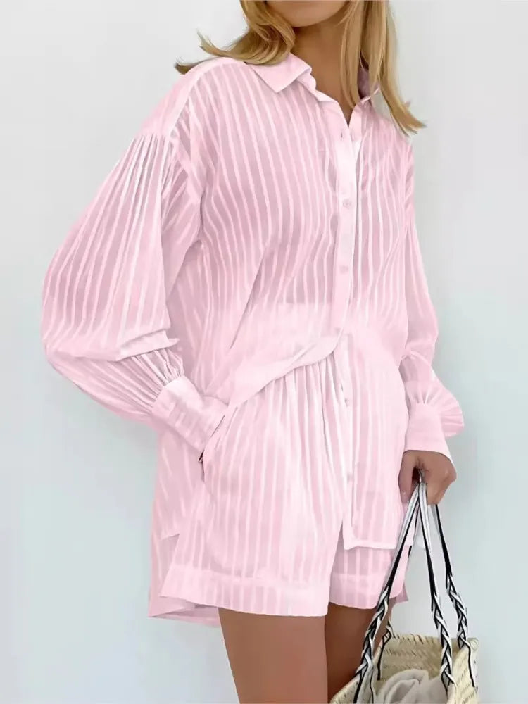 2024 Women’s Two-Piece Set – Solid Cotton Stripe Long Sleeve Shirt & Shorts, Spring/Summer Casual Outfit