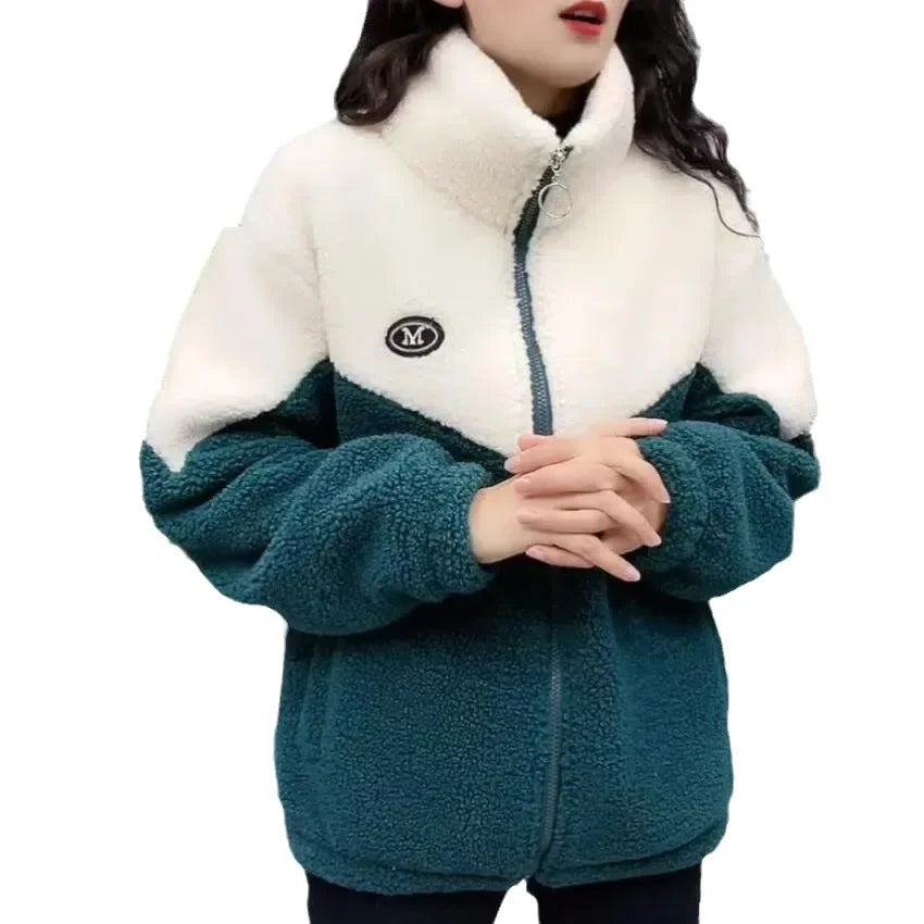 Women’s Colored Thickened Lamb Fleece Jacket — Long Sleeve Mid-Length Quilted Overcoat for Autumn & Winter