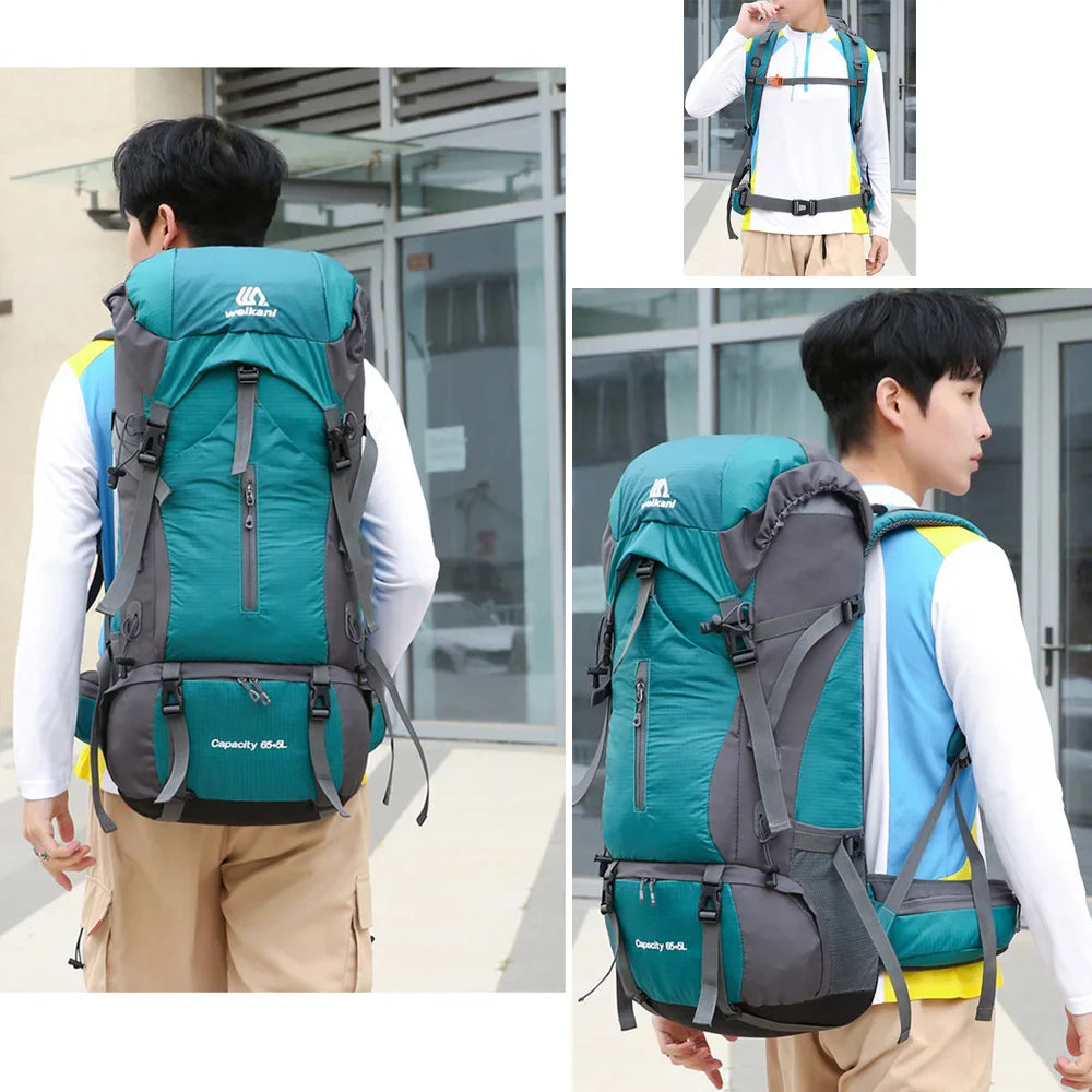70L Nylon Camping Backpack with Rain Cover — Outdoor Hiking, Mountaineering & Travel Daypack for Men