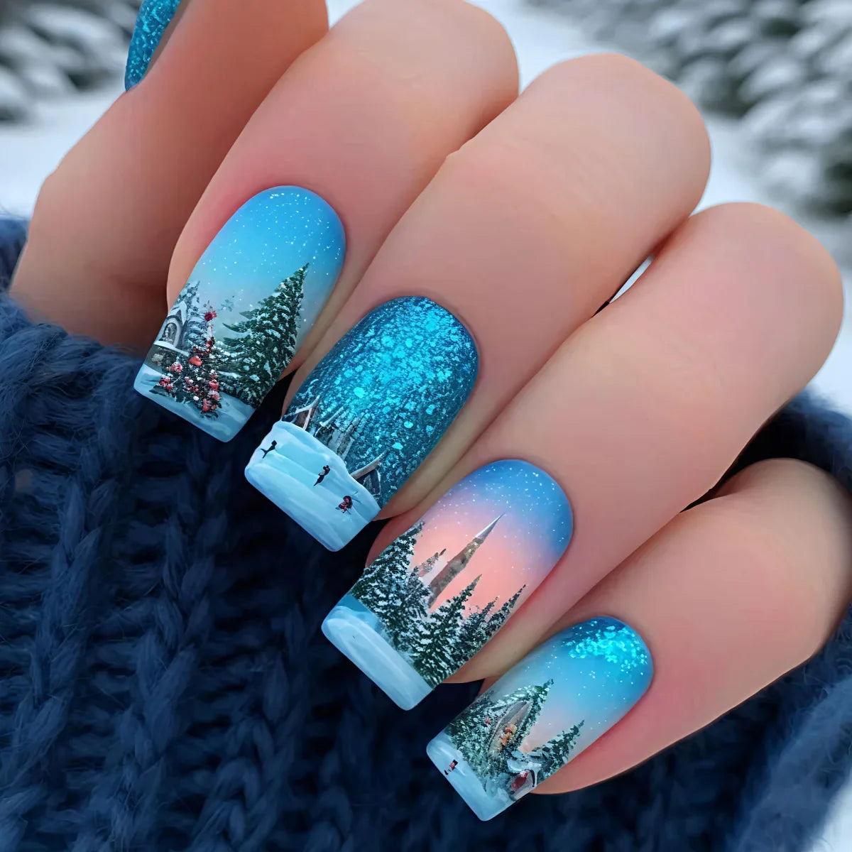 Medium Long Christmas Fake Nails – Square & Almond Tips with Tree, Snowflake & Snowman Designs