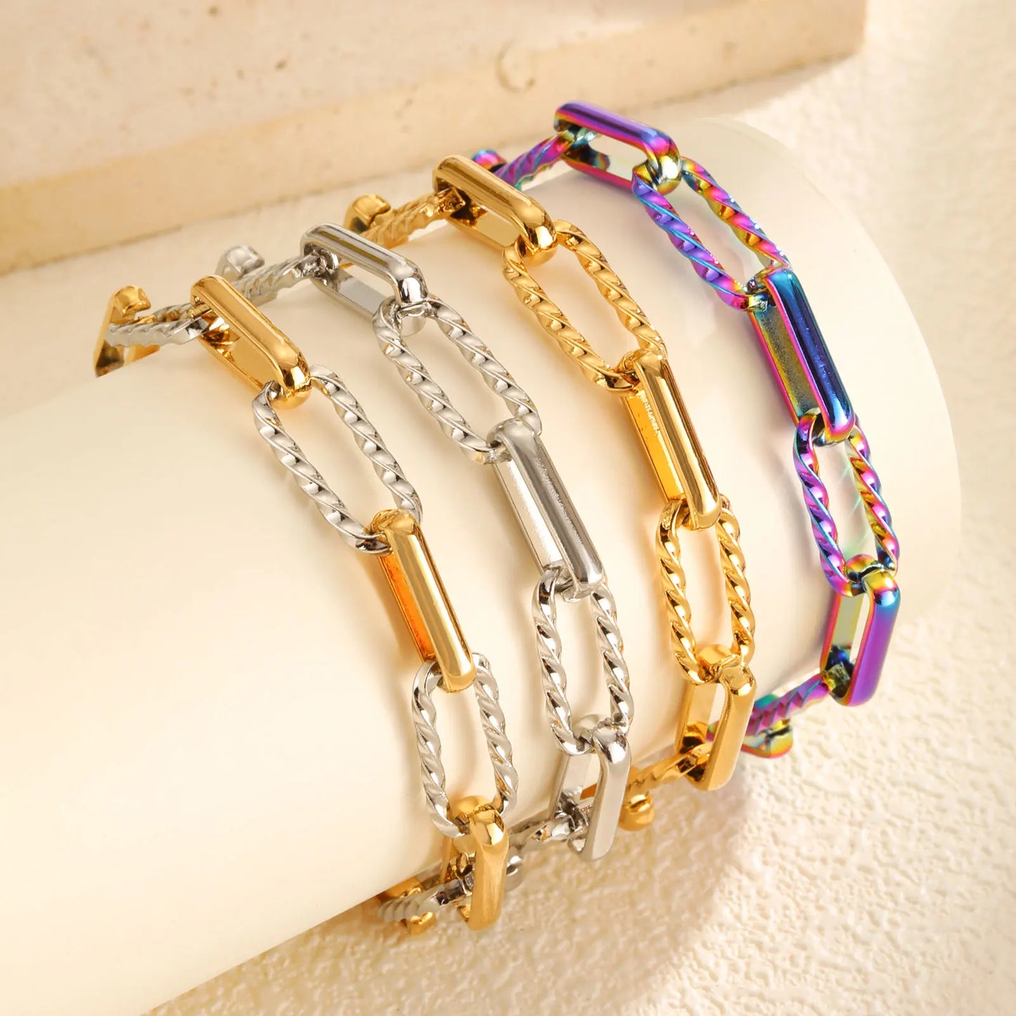 Women's Two-Tone Twist Paperclip Bracelet – Chunky Stainless Steel Adjustable 18K Gold Plated Link Jewelry