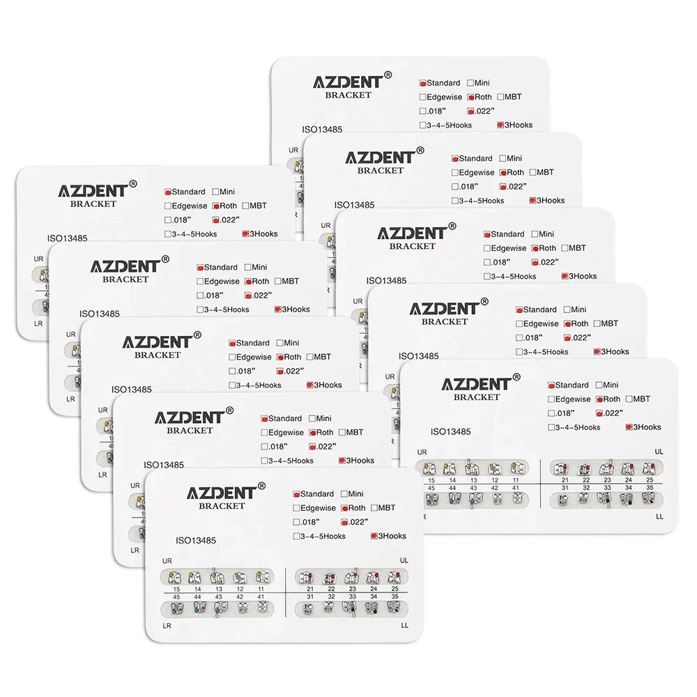 AZDENT 10 Packs Dental Brackets – Orthodontic Metal Mini Standard Roth MBT Slot 0.022/0.018 with Hooks, 20 Pcs per Pack