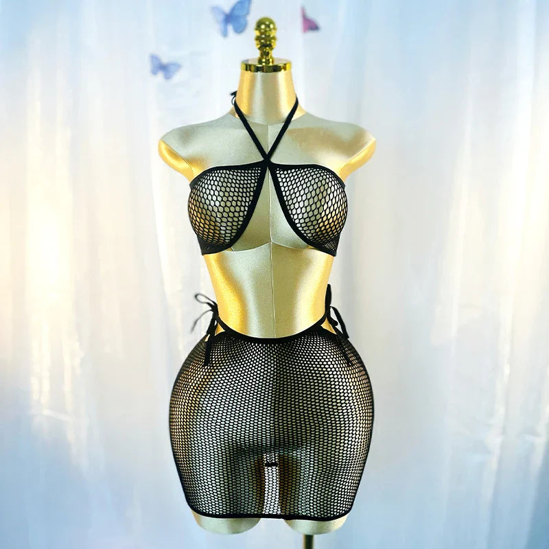 Women’s Sexy Fishnet Long Sleeve Cover-Up Dress – Hollow Out Bodycon Beachwear, Music Festival & Vacation Outfit (DSH617)