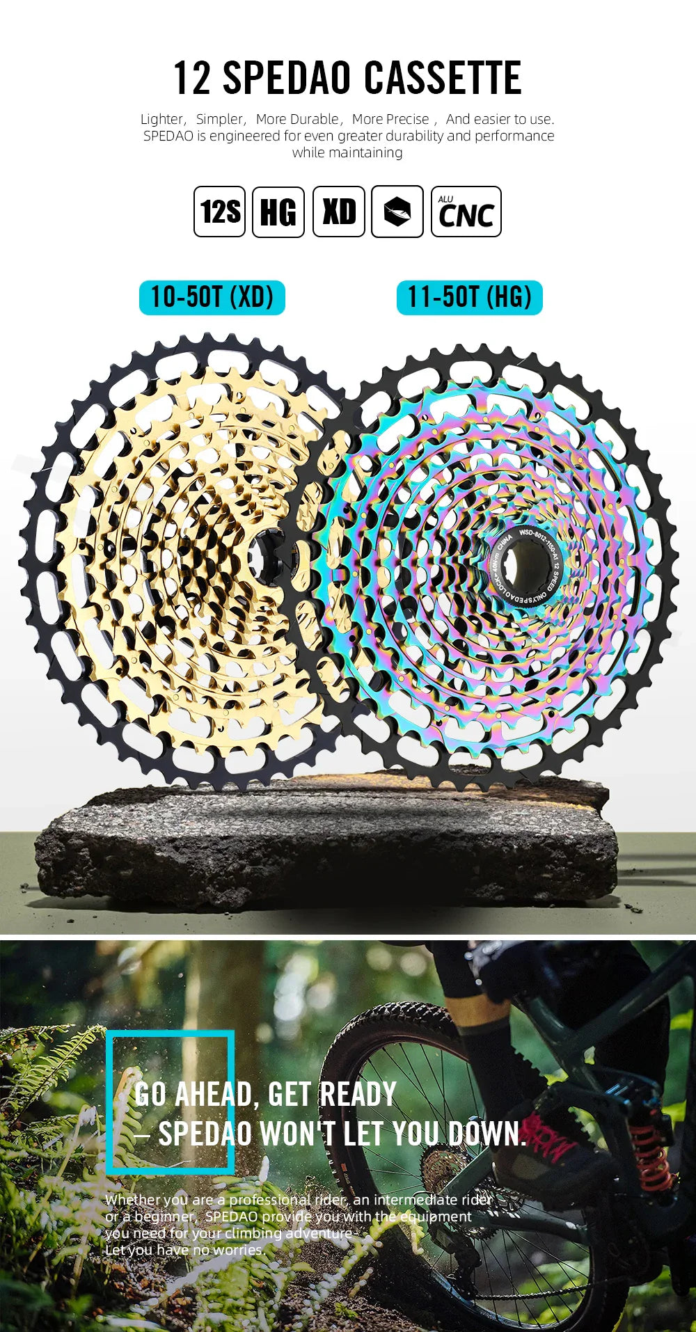 SPEDAO 12-Speed 10-50T Bicycle Cassette – 12V MTB Freewheel Sprocket for SX NX GX, XD & HG Compatible