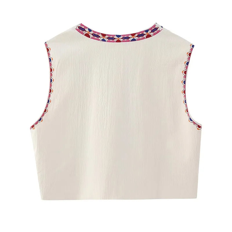 KEYANKETIAN Women's Vintage Floral Embroidered Open Waistcoat – National Style Vest Jacket, Casual Vacation Crop Top