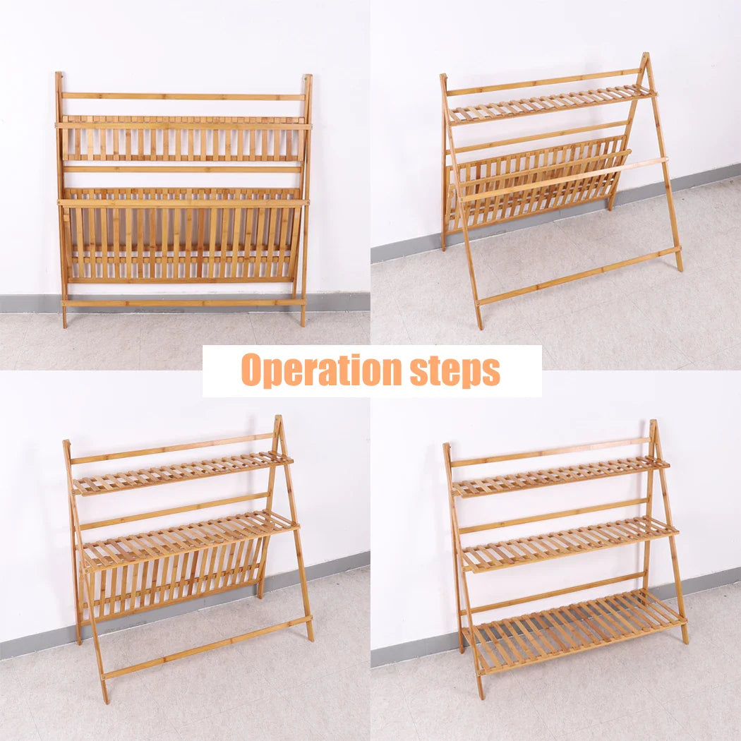 3-Tier Foldable Bamboo Plant Stand Indoor Outdoor Planter Display Shelf Organizer