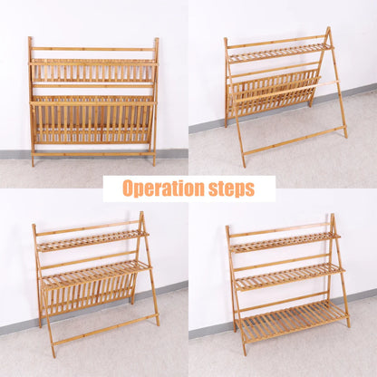 3-Tier Foldable Bamboo Plant Stand Indoor Outdoor Planter Display Shelf Organizer