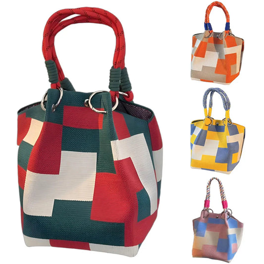Women’s Color Block Knit Tote Bag – Bucket Style Storage Bag with Adjustable Straps, Metal Rings, Snap Closure for Casual Travel