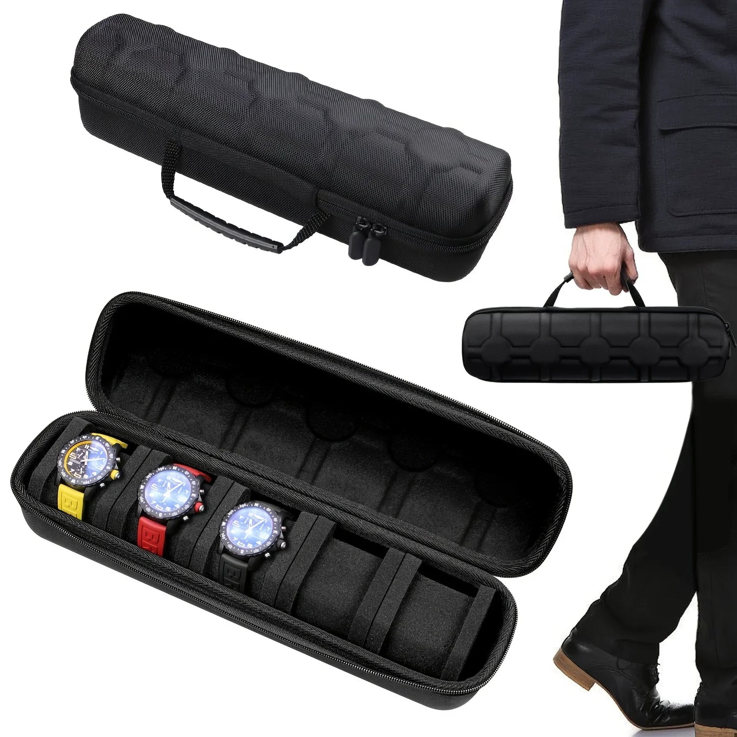 5-Slot Watch Case Travel Organizer — Hard Shell with Pillow Insert, Smartwatch Storage & Gift-Ready (Black)