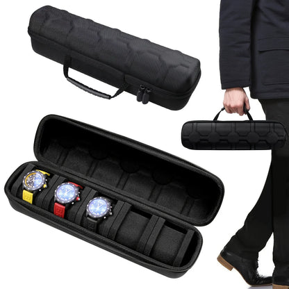 5-Slot Watch Case Travel Organizer — Hard Shell with Pillow Insert, Smartwatch Storage & Gift-Ready (Black)