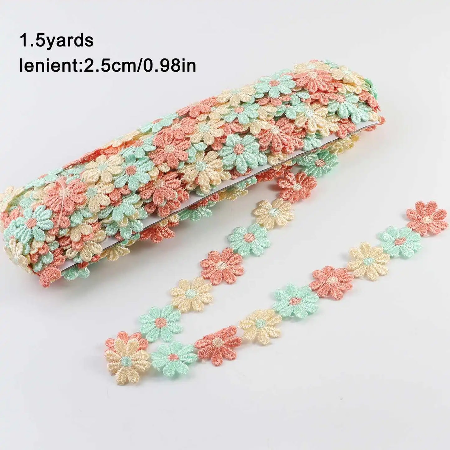 Daisy Flower Lace Trim Ribbon – 2.5CM Wide, 1.5 Yards Embroidered DIY Patchwork Sewing & Craft Supplies, Colorful